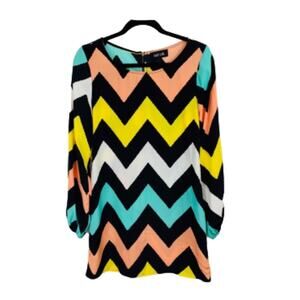 Fab'rik Womens pink black yellow white blue chevron dress w exposed zipper small